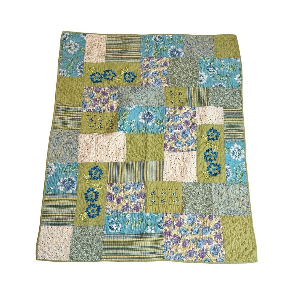 April Cornell Patchwork Quilt Cottage Throw Blanket Blue/Green Florals 51" x 62"